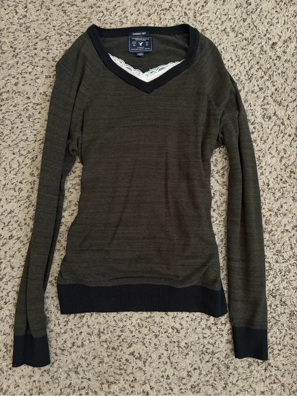 American Eagle Outfitters Dark Olive V-Neck Sweater with Black Trim